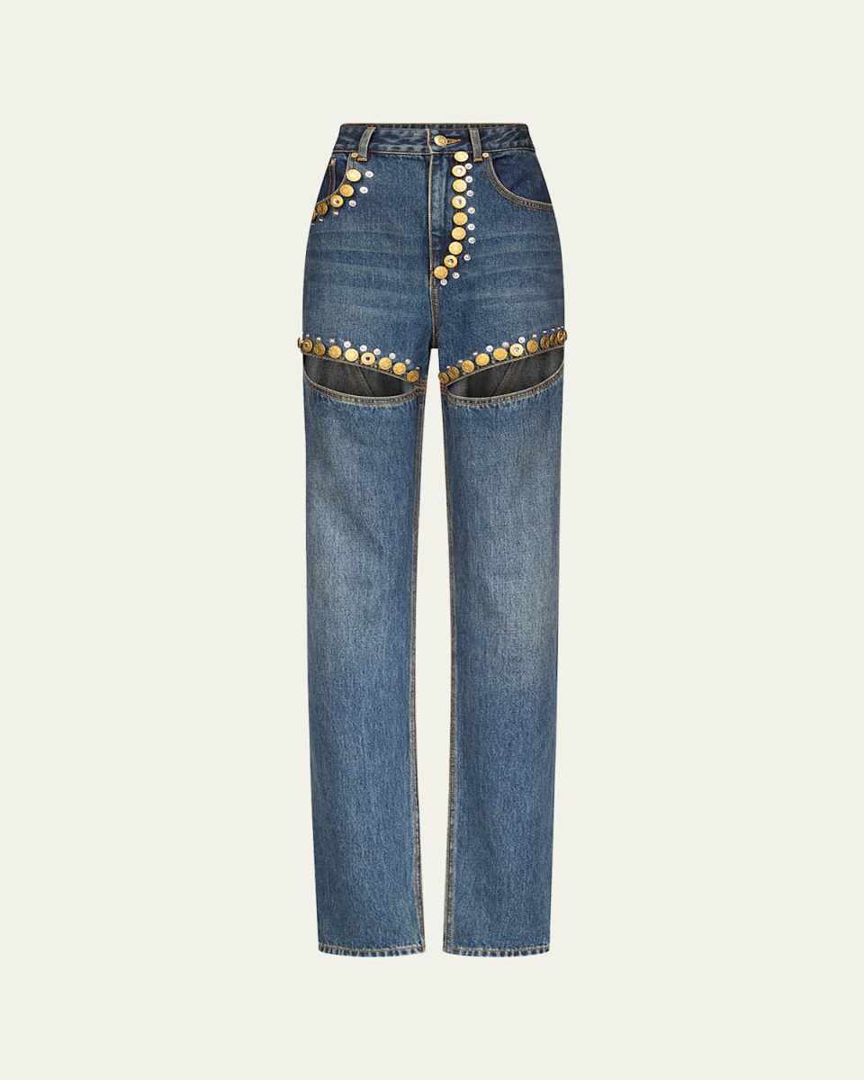 Crystal Button Studded Slit Straight-Leg Jeans